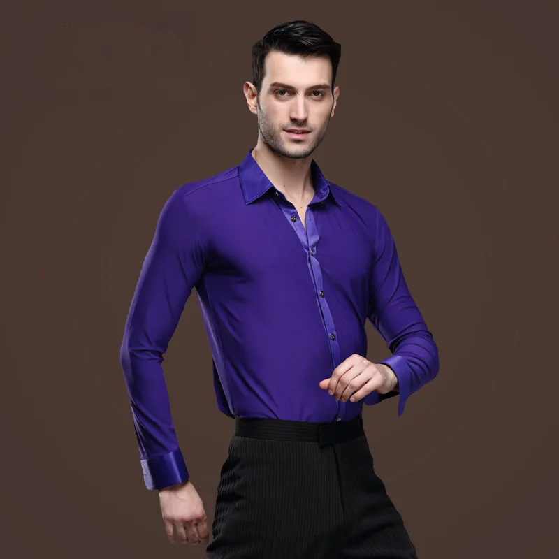 

High quality Man Ballroom Dance Tops Long Sleeve Mens Latin Dance Shirts Lapel/Collar Practice/Performance Dance wear Tops