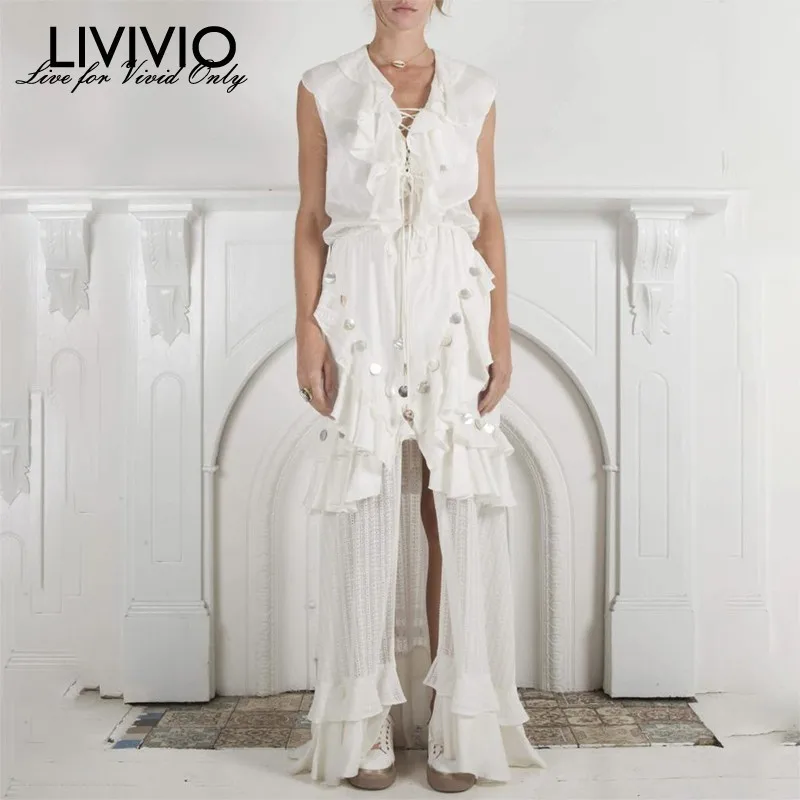 

[LIVIVIO] Summer Sleeveless Women Dress V Neck High Waist Hollow Out Ruffles Bandage Split Maxi Dresses Female Elegant 2019