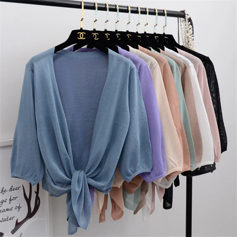 

Summer Autumn Women Thin Knitted Cardigans Coat Ice Silk Small Shawl Sweaters Jacket Female Loose Elegant Short Cardigan RH1248