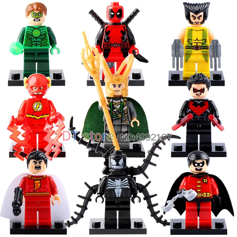 

50Pcs/Lot Super Heroes Deadpool Robin Loki Flash Venom Green Lantern Nightwing Legoed DIY Figure Building Blocks Kids Toys XH010