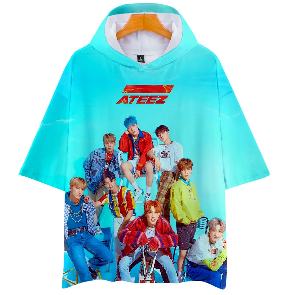 Корейская Мода KPOP ATEEZ альбом 3D печать короткий рукав с капюшоном футболка Женская Мужская Harajuku Повседневная Свободная хип хоп футболка летние топы