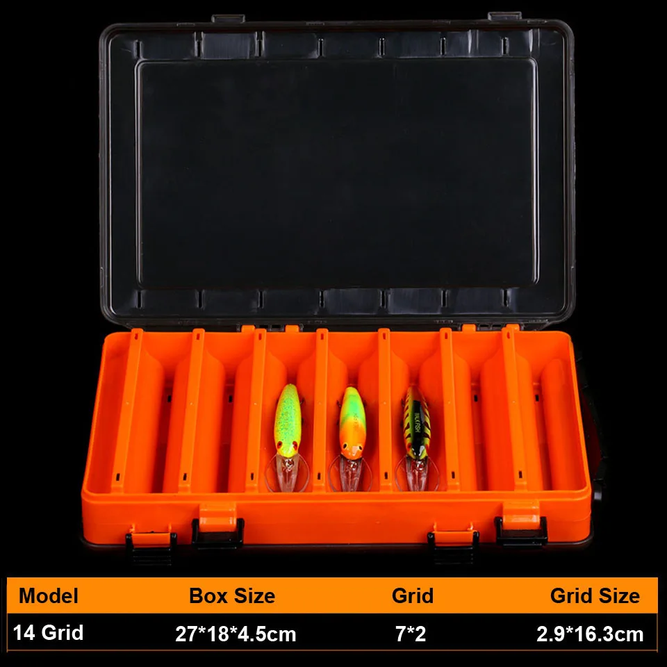 Походная рыболовная коробка для приманки, двухсторонняя пластиковая приманка, коробки для ловли нахлыстом, коробка для хранения снастей, принадлежности, аксессуары, высокая прочность - Цвет: 14 Grid Orange