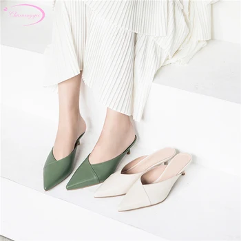 

European casual style natural leather sexy pointed toe summer mule slipper slip-on beige green medium heel women's shoes