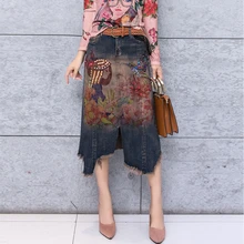 Летняя джинсовая юбка в европейском и американском стиле, женские джинсовые юбки с принтом для девочек, Женская Весенняя Повседневная винтажная юбка, большие размеры