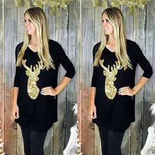 Women Tops T-shirt Long Style Gold Deer Print Women tshirt Fashion Popular Christmas 2016 Autumn tee shirt femme