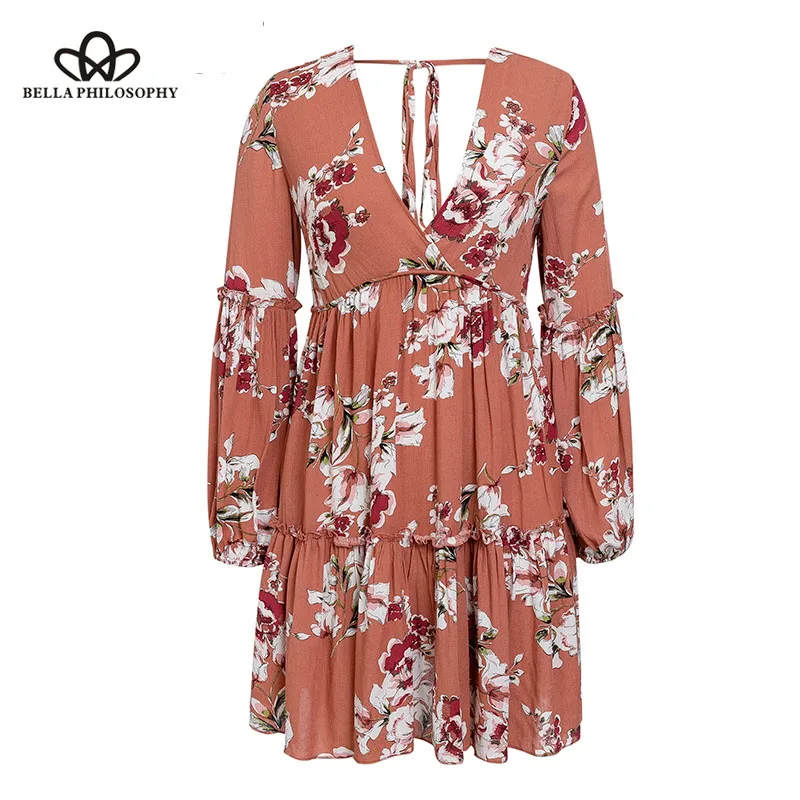 Wonder 2019 new spring Deep v neck sexy summer dress women Lantern sleeve floral print cotton dress Beach casual short female