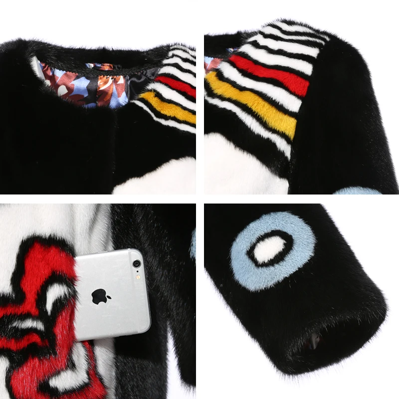 Playful pattern mink coat Round neck mink coats women real fur mink fur coat Imported velvet level