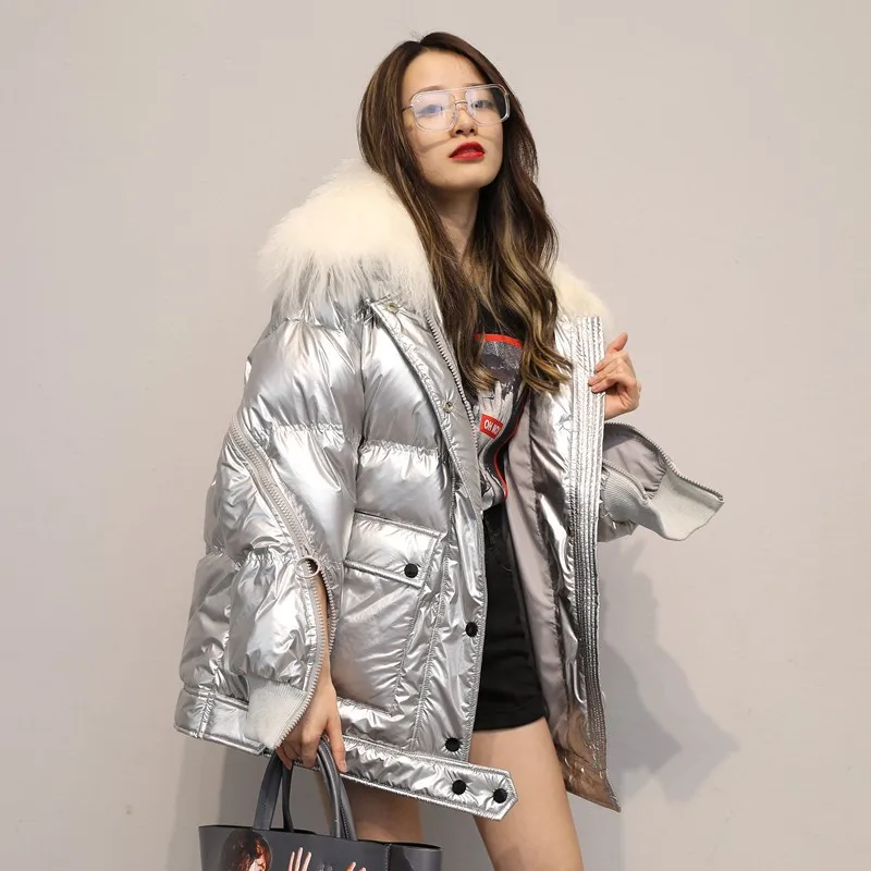 

Winter Jacket Women Glossy Down Parka Glossy Long Down Coat Female Warm Thicken Hooded Loose Parkas Real Fur Jackets Waterproof