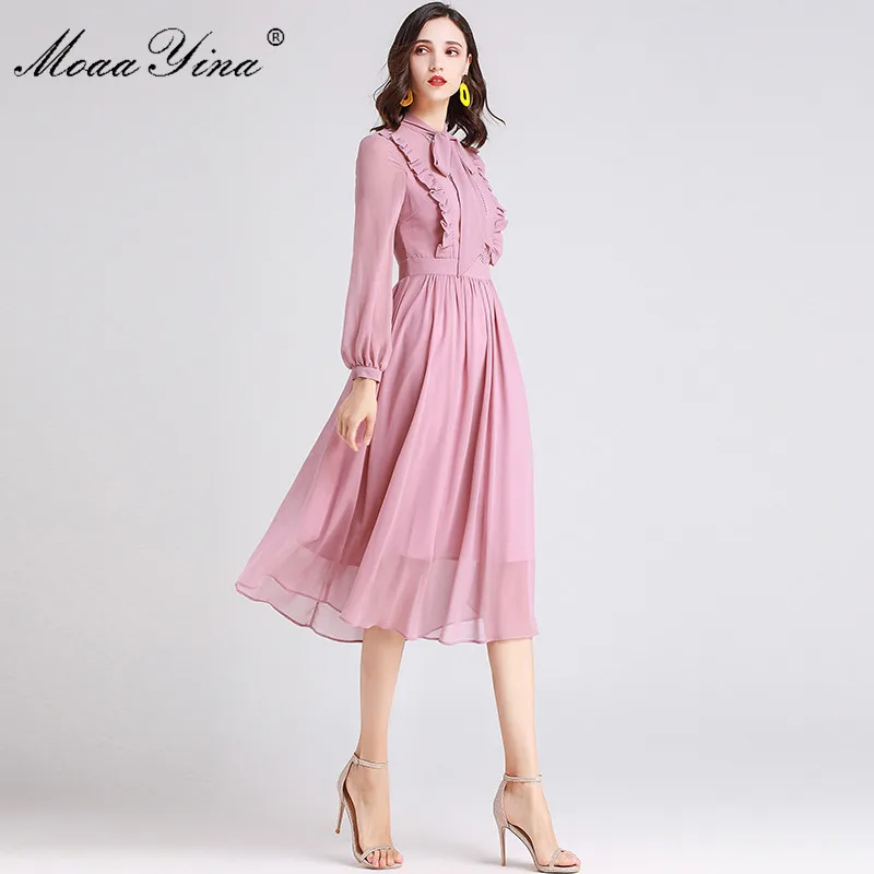 MoaaYina Fashion Designer Runway dress Spring Summer Women Dress Bow collar Ruffles Long sleeve Slim Elegant Dresses