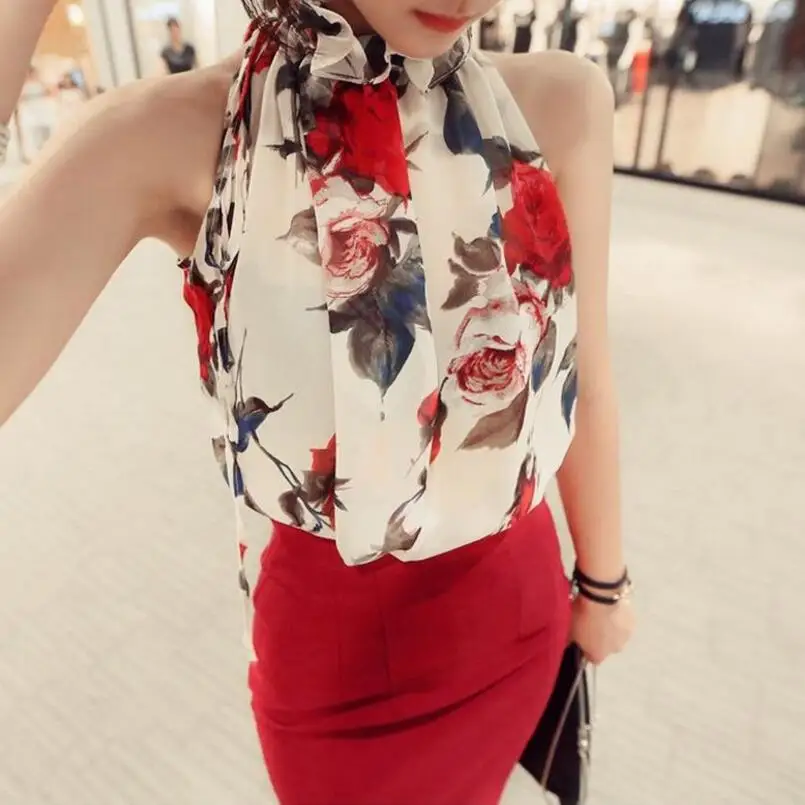  Summer Style For Women Tops Chiffon Floral Print Blouses Ruffles Turtleneck Sexy Shirt Vest Design 