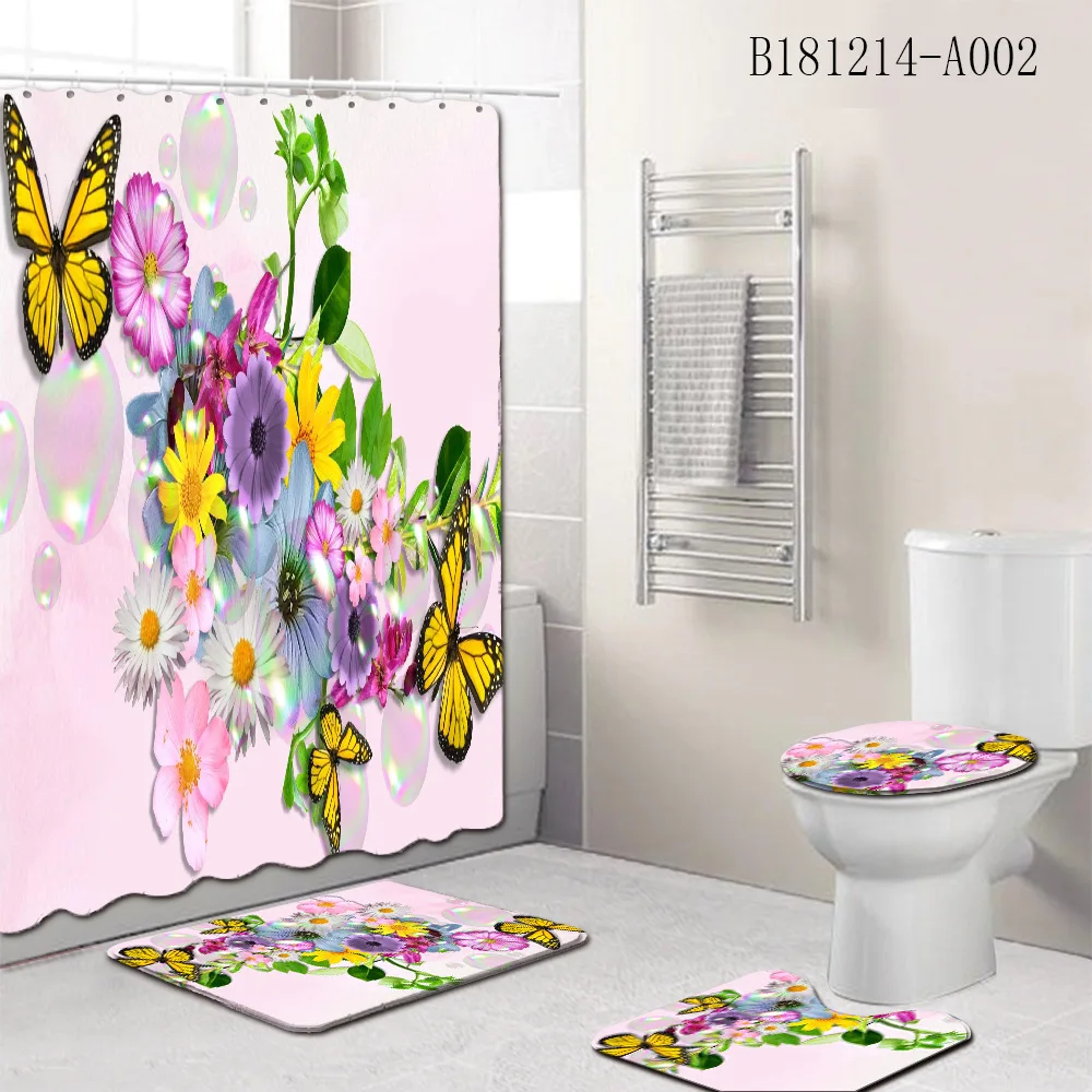

Floral Butterfly shower curtain + Bathroom Mat Set Anti-slip Floor Rugs Seat Cover Toilet Bath Mat Carpet Set free shipping