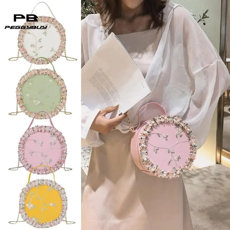 

adies Fashion Women Round Small Shoulder Bag Pearl Flower Handbags Girls Casual Top-handle Chain Totes Crossbody Messenger Bags