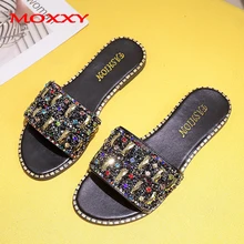 2019 New Bling Crystal Summer Slippers Women Home House Indoor Slippers Outdoor Flat Beach Women Slipper Slides Soft Shoes Woman summer solid soft leather fish head female slippers flat soft bottom comfort leisure women slipper lazy people slides sjl148