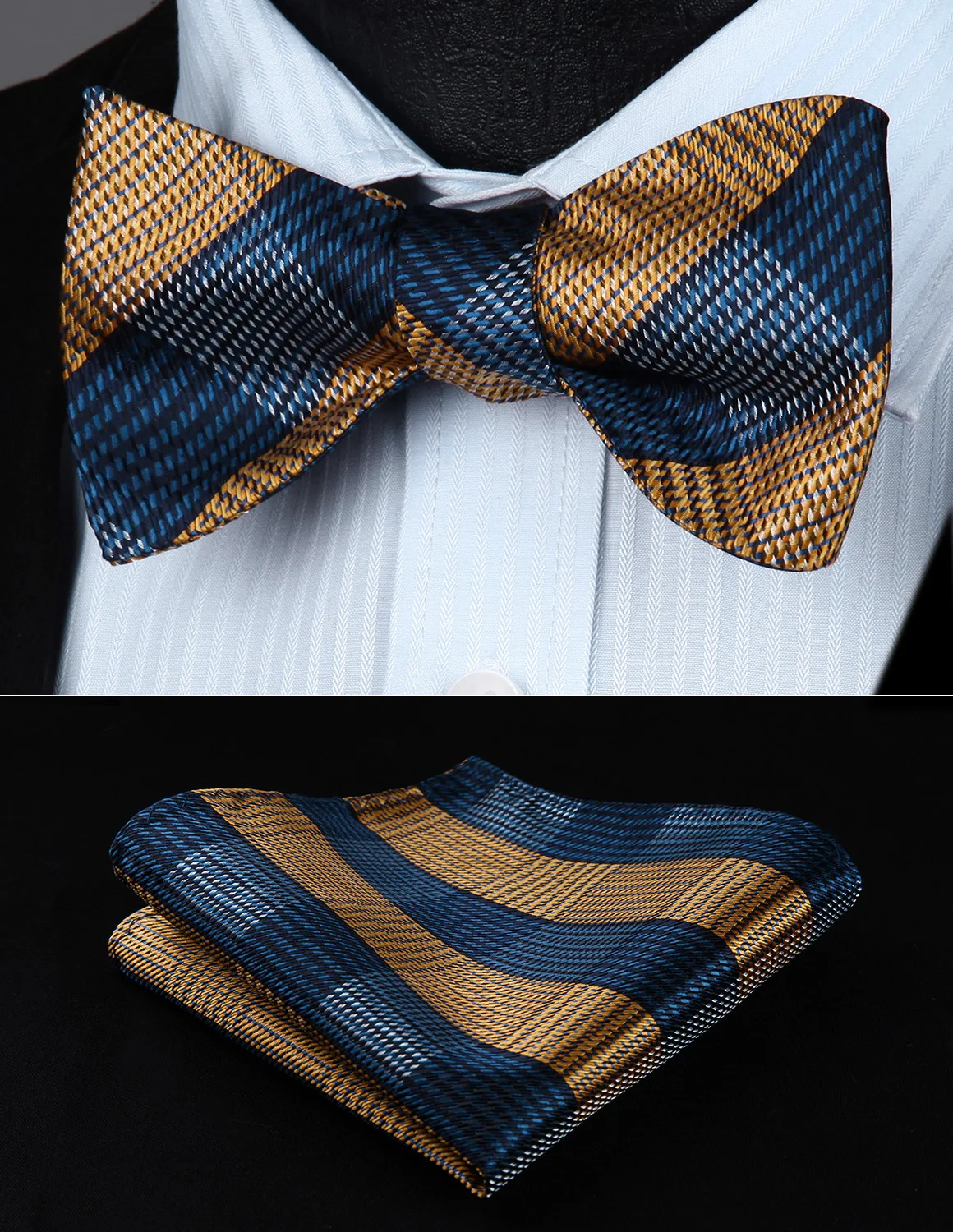BG601YS Check Blue Yellow Wedding Bowtie Men Silk Self Bow Tie