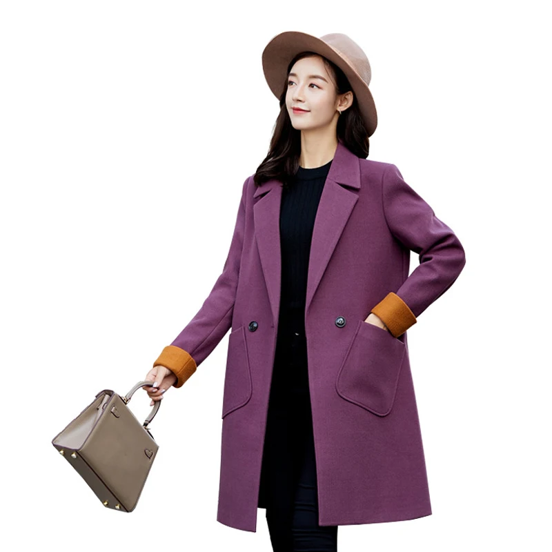 

2018 New Women Patchwork Loose Warm Wool Blends Wool Coat WomenLong Winter Coat Plus Size Turn Down Collar Coat Elegant Office