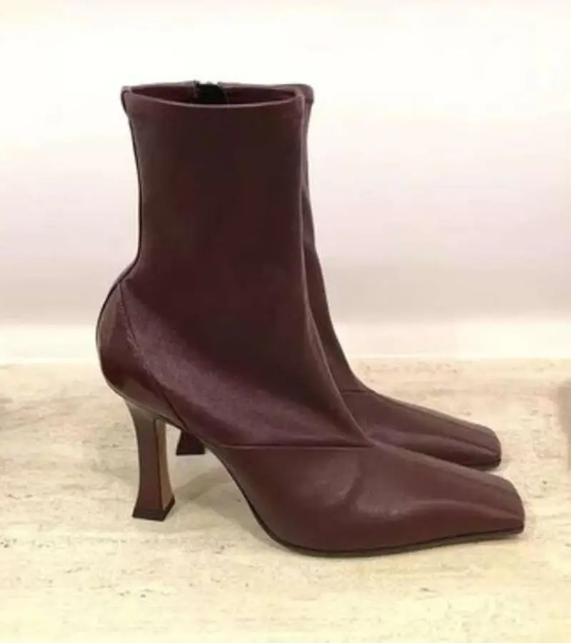 Женская обувь на высоком каблуке квадратный носок до середины икры с боковой молнией; Сапоги для верховой езды из искусственной кожи пикантная обувь для ночного клуба на высоком каблуке Роскошная обувь Черные и темно-красные туфли красные A528