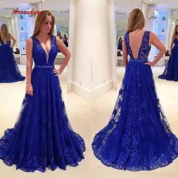 Ярко-синий длинный кружевные вечерние платья вечерние линия плюс Размеры Для женщин Дамы Формальное вечернее платье