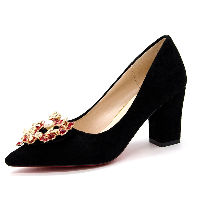 

Summer Women Pumps Sexy Suede High Heels Shoes Ladies Heart-shaped Metal Buckle Thick Heel Party Wedding Shoes Black Beige Red