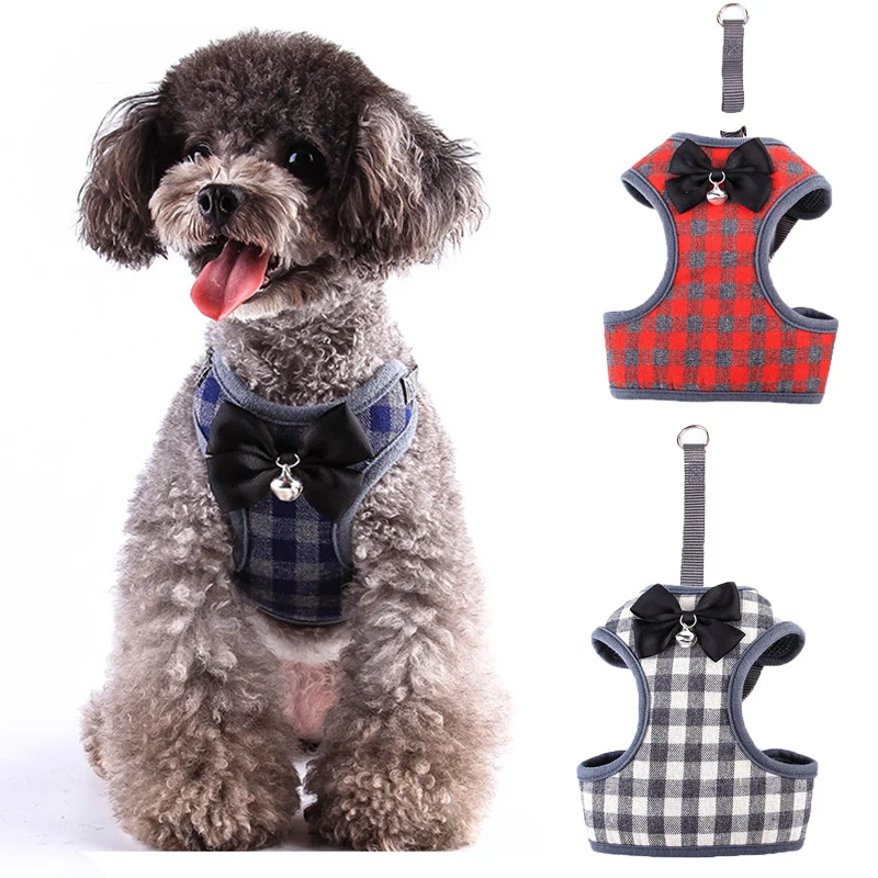 

Pet Dog Adjustable Harness Leash Puppy Vest Teddy Collar Strap Polyester Grids Colorful Harness Clothes Dog Accessories Supplies
