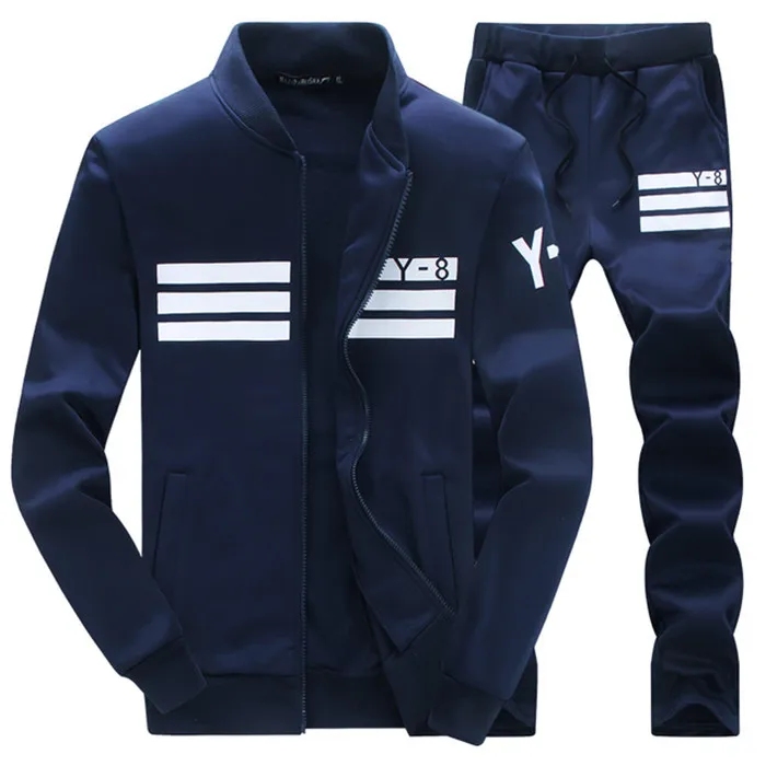 Casual Tracksuit Men Sweatshirts Slim Men Set Pants Suits Solid Long Sleeved Male Clothing Hoodie+Pants Men Sportswear - Цвет: 8  Navy Suit