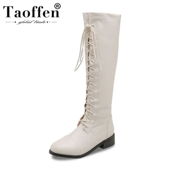 

Taoffen Knee High Boots Women Plus Size 32-46 New Winter Cross Strap European Casual Knight Shoes Women Warm Fur Flats Boots