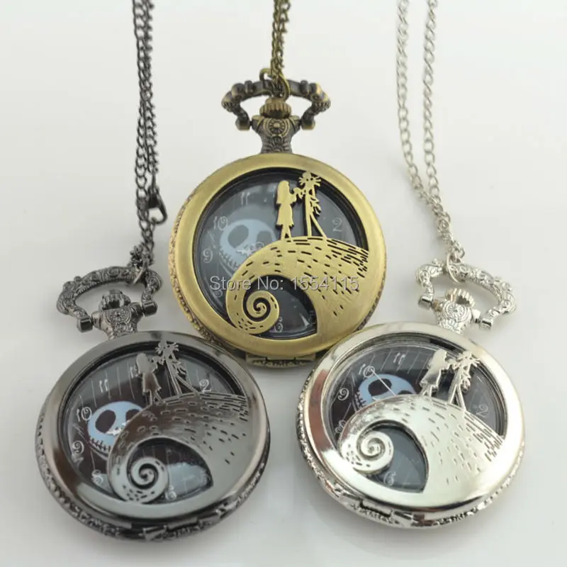 

100pcs/lot Hot Sale Vintage The Nightmare Before Christmas Skellington Color Dial Quartz Pocket Watch Necklace Wholesale