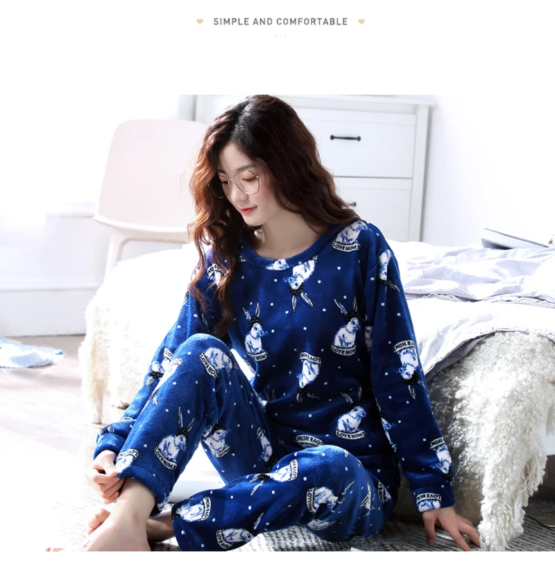 Женская пижама, осенне-зимний пижамный комплект, Женская пижама с длинными рукавами, фланелевая теплая Милая Пижама+ штаны