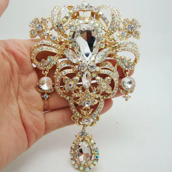 

New Luxury Bride Brooch Pin Flower Drop Bride Bridesmaid Wedding Clear AB Rhinestone Crystal Brooches Pin Pendant