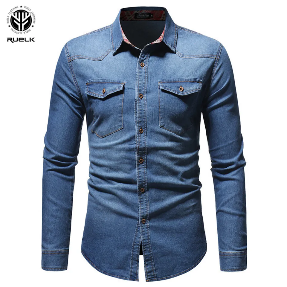 RUELK 2019 Men Fashion Pocket Decoration Denim Turn-down Collar Shirt Single Breasted Casual Shirts Plus Size