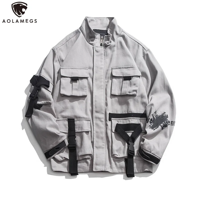 

Aolamegs Men Jacket Solid Color Windbreaker Youth Harajuku Loose Style Multi-Pocket Ribbons Jackets Half Zipper Hip Hop Coat