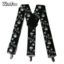 Winfox Free Shipping New Fashionable Mens 5CM Wide Black Y Back 3 Clips Halloween Skull Heavy Duty Suspenders Braces Mens