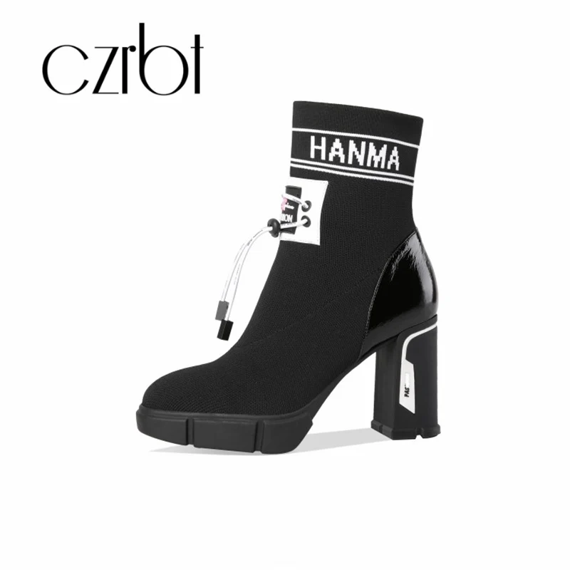 

czrbt 2018 Winter Ankle Elastic Knitting Warm Women's Boots Thick Tith Tound Head Wear-resistant Fashion Casual Women's Boots