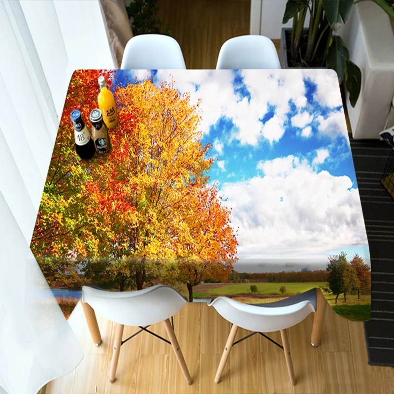 Customizable 3D Round Tablecloth Maple Forest Landscape Pattern Washable Polyester Cotton Rectangul
