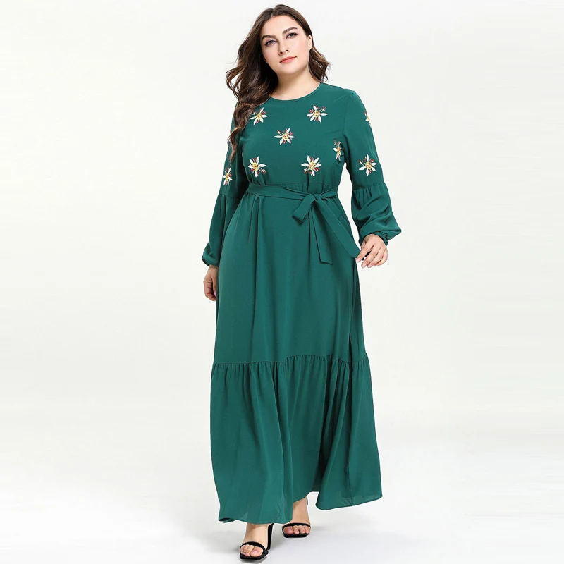 

Quality Big Size Women Green Floral Embroidery Pleated Maxi Dress Long Lantern Sleeve Boho Belted Long Dresses Muslim Abaya 4XL