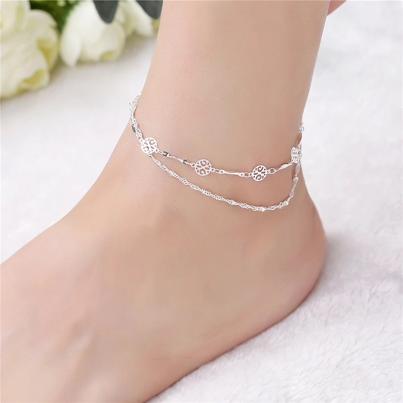 

Vintage 925 Silver Bracelet Simple Hollow Anklet Retro Multilayer Anklet For Women Girl Charm Chain Foot Fashion Jewelry 2B165