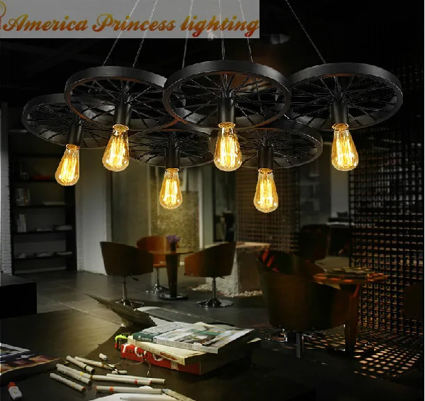 

Creative personality Retro industrial wind restaurant bar 3 head round wrought iron wheel chandelier, E27, AC: 220V