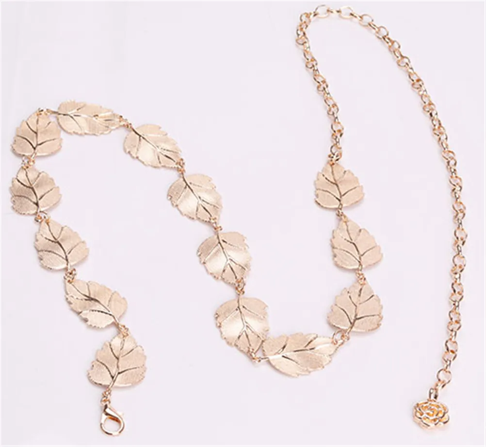 1PCS Elegant Fashion Metal Leaves Style Belt Chain Straps Waist Belt Body Chain Rope Gold Silver