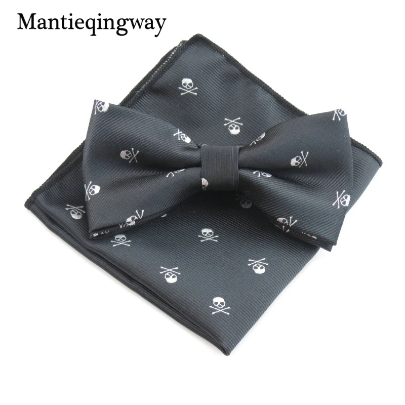 Mantieqingway полиэфир бабочку комплекты носовых платков для мужчин череп печатных Галстуки Для Свадьба Вечерние карманные квадратные носовые платки Галстуки
