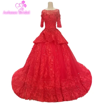 

Red Lace Tulle Luxury Prom Dresses 2018 Long Sleeves Sexy Princess Prom Gowns Long Formal Party Dresses Full crystals