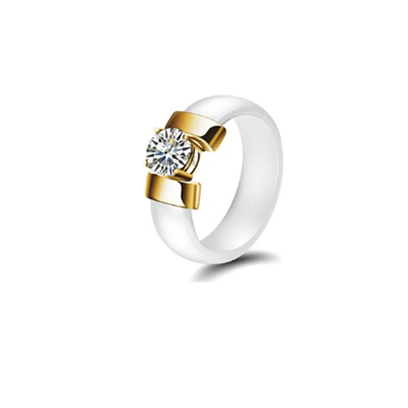 Стиль 6 мм керамические кольца черно-белое кольцо с кубическим цирконием для женщин золотые металлические гладкие Свадебные ювелирные изделия, обручальное кольцо - Main Stone Color: White Gold