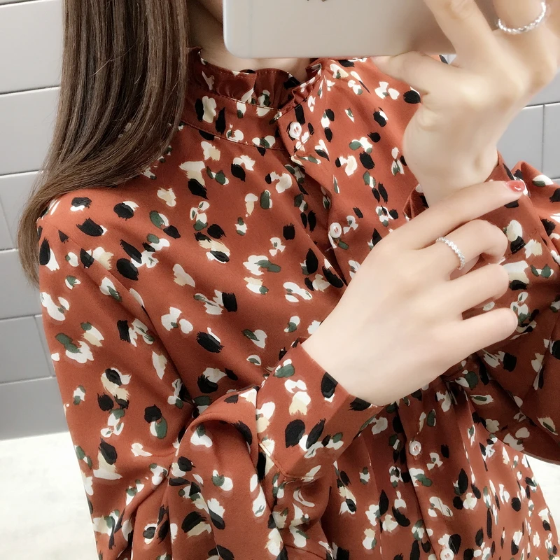 2019 De Color 10641 Flor Camisa 45 caramel White Nueva Alto Primavera Semi cuello Loto Triturado Hoja qtrH4gq
