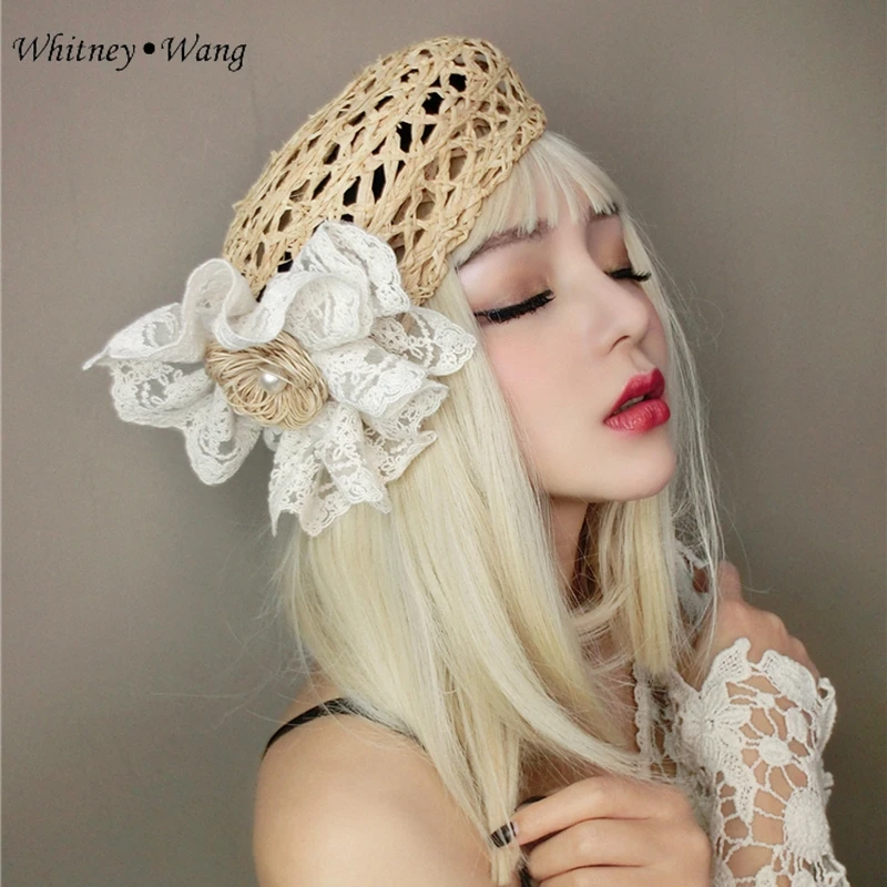

WHITNEY WANG 2019 Summer Fashion Designer Style Lace Floral Hollow Out Straw Hat Women Artist Cap Berets