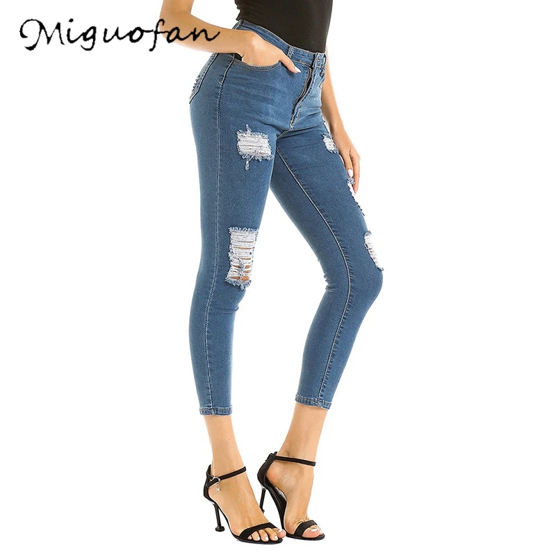 

Miguofan Ripped Jeans Women Hole Skinny Pencil Pants Ankle-Length Bottoms Trousers Streetwear Demin Pants 2019 Autumn Winter
