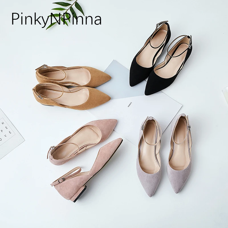 

2019 new arrival young ankle buckle strap D'orsay flats female sheepskin flock pointed toe shallow large size casual shoes woman