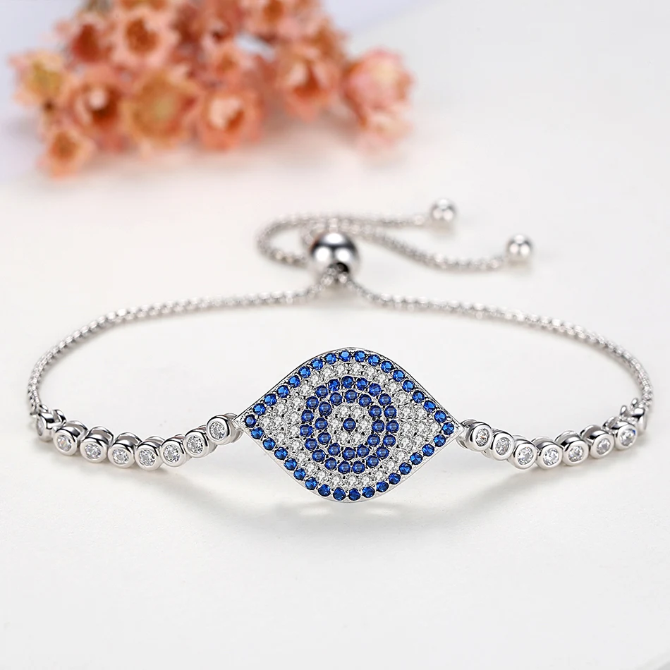 925 Sterling Silver White Gold Color Bracelet Crystals Luxury CZ Womens Jewelry Evil Eye Hamsa Charm Bracelets