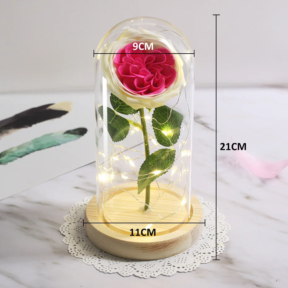 LED Soap Flower Rose Flower In Glass Dome Christmas Gifts Artificial Flower Valentine's Day Wedding Party Home Decor Fake Flower