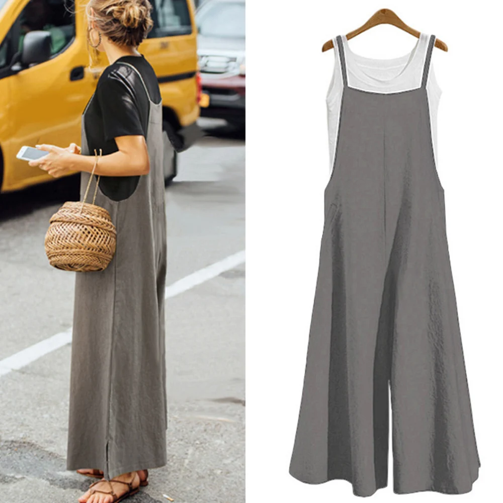 Romper Dungaree-Bib Solid-Jumpsuit Wide-Leg Plus-Size Overalls Long New Pocket Casual