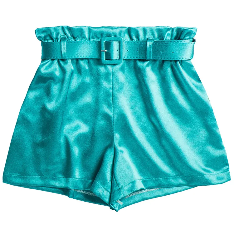 Искусственный шелк атласный светильник, блестящие летние шорты для женщин, винтажные тонкие пояса, тонкие широкие короткие шорты с эластичной резинкой на талии, свободные шорты для женщин Mw302 - Цвет: Зеленый