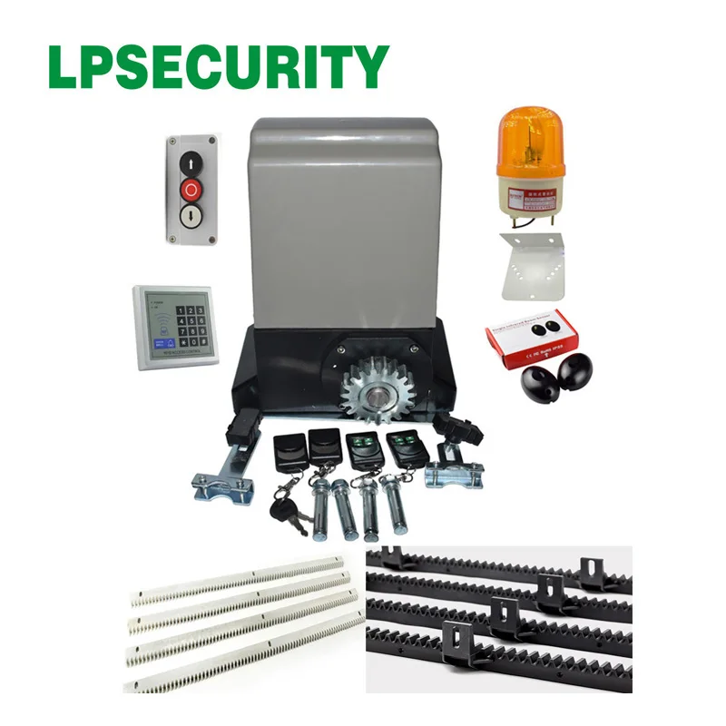 LPSECURITY 1200kg/1500kg 6m/7m nylon racks automatic electric gate opener motor engine with 4 remote controls with optional part