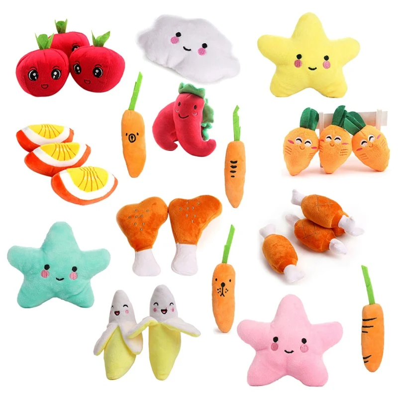 

1Pcs Fruit Vegetable Chicken Drum Bone Squeak Toy Plush Red Pepper Eggplant Radish Duck Sounding Toys